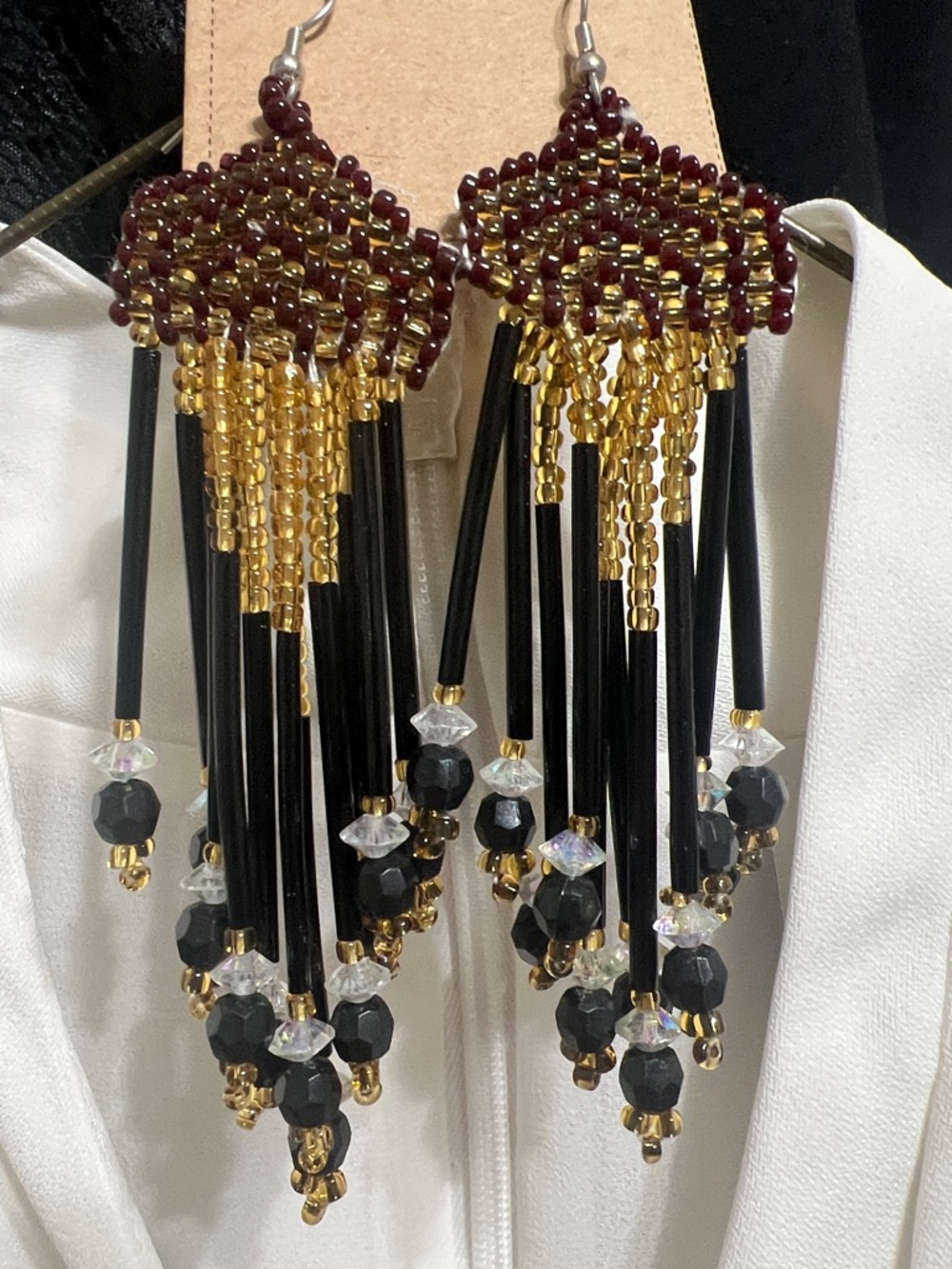 Beaded Fringe Dangle Earrings in Black, Gold & Brown